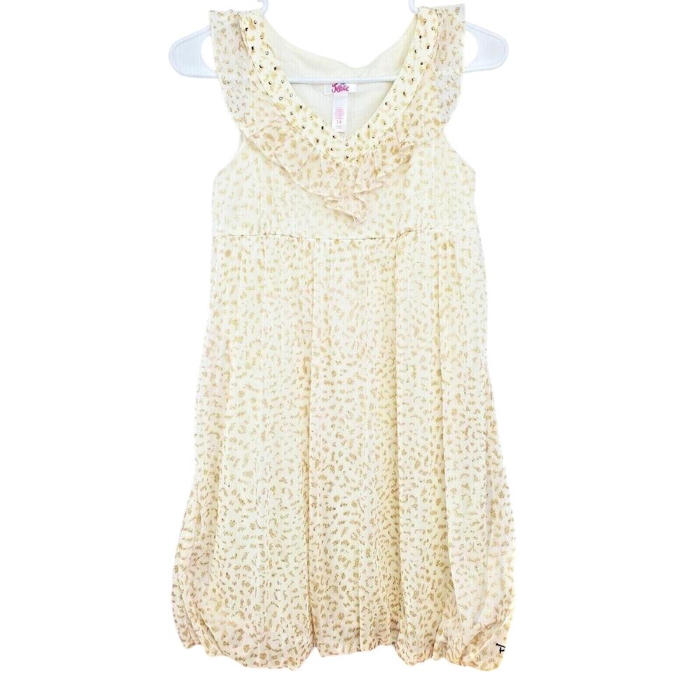 Y2K Justice Dress 14 White Gold Glitter Leopard Bubble Hem Lined Girls Size